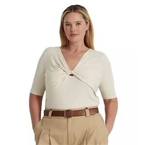 Lauren Ralph Lauren NWT Twist Front Rib Knit Tees Cotton Blend Cream Top Size XL